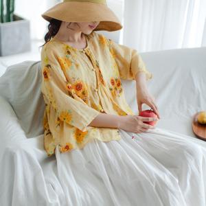 3/4 Sleeve Sunflowers Shirt Oversized Linen Pleated Blouse