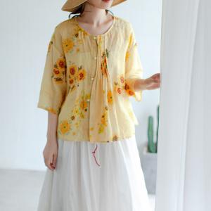 3/4 Sleeve Sunflowers Shirt Oversized Linen Pleated Blouse