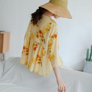 3/4 Sleeve Sunflowers Shirt Oversized Linen Pleated Blouse