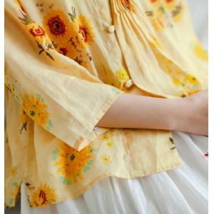 3/4 Sleeve Sunflowers Shirt Oversized Linen Pleated Blouse