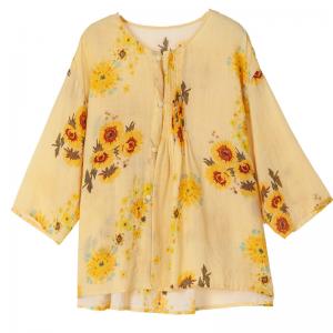 3/4 Sleeve Sunflowers Shirt Oversized Linen Pleated Blouse