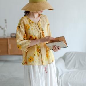 3/4 Sleeve Sunflowers Shirt Oversized Linen Pleated Blouse