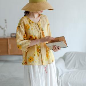 3/4 Sleeve Sunflowers Shirt Oversized Linen Pleated Blouse