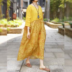 High-Waist V-Neck Kimono Dress Ramie Loose Wrap Dress