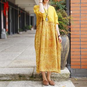 High-Waist V-Neck Kimono Dress Ramie Loose Wrap Dress