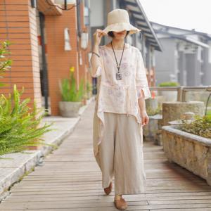 Asymmetrical Ramie Loose Tunic Drawstring Ramie Ladies Shirt