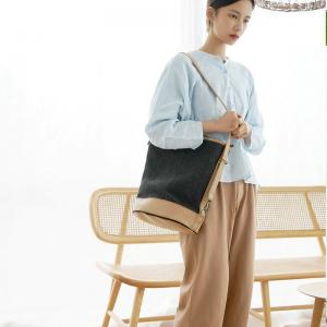 Vintage Cotton Linen Bucket Bag for Women