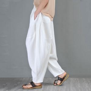 High-End Linen White Bloomers Pants Casual Comfy Hippie Pants