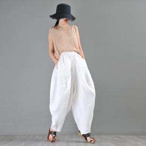 High-End Linen White Bloomers Pants Casual Comfy Hippie Pants