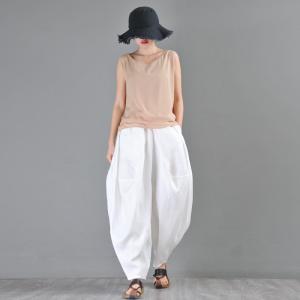 High-End Linen White Bloomers Pants Casual Comfy Hippie Pants