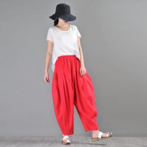 Casual Style Red Balloon Pants Womens Linen Baggy Trousers