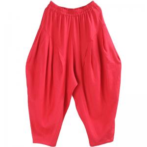 Casual Style Red Balloon Pants Womens Linen Baggy Trousers