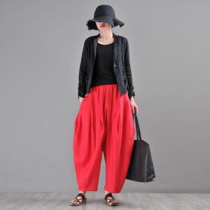 Casual Style Red Balloon Pants Womens Linen Baggy Trousers