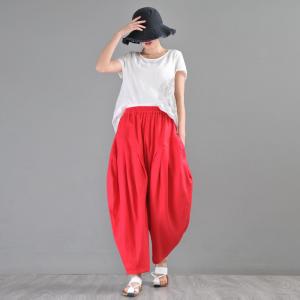 Casual Style Red Balloon Pants Womens Linen Baggy Trousers