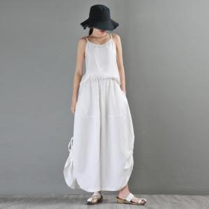 Beach Fashion Drawstring Linen Pants White Wide Leg Pants