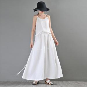 Beach Fashion Drawstring Linen Pants White Wide Leg Pants