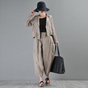 OL Style Khaki Blazer Long Sleeve Linen Short Blazer