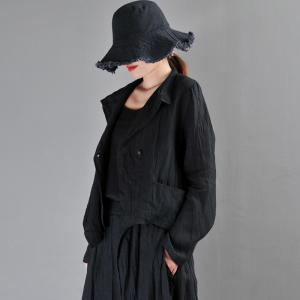 Leisure Style Linen Black Blazer Long Sleeve Short Jackets