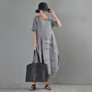 Crew Neck Reversible Loose Gray Dress Short Sleeve Linen Dress