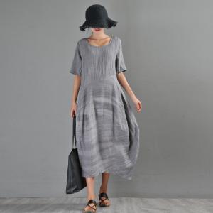 Crew Neck Reversible Loose Gray Dress Short Sleeve Linen Dress