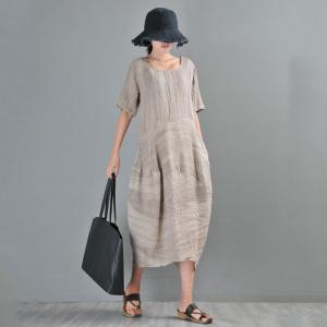 Crew Neck Reversible Loose Gray Dress Short Sleeve Linen Dress