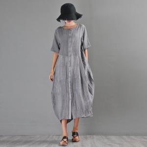 Crew Neck Reversible Loose Gray Dress Short Sleeve Linen Dress