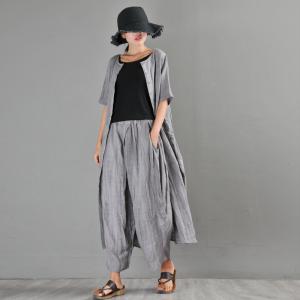 Crew Neck Reversible Loose Gray Dress Short Sleeve Linen Dress