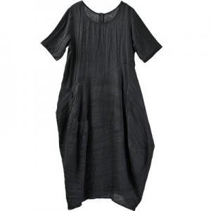 Crew Neck Reversible Loose Gray Dress Short Sleeve Linen Dress