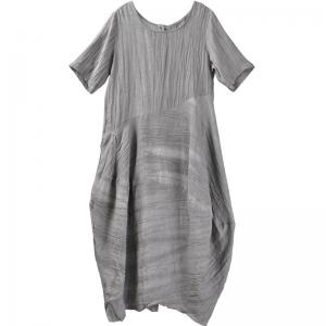 Crew Neck Reversible Loose Gray Dress Short Sleeve Linen Dress