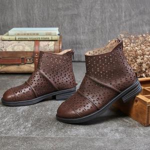 Vintage Style Hollow Out Folk Boots Cowhide Leather Womans Boots