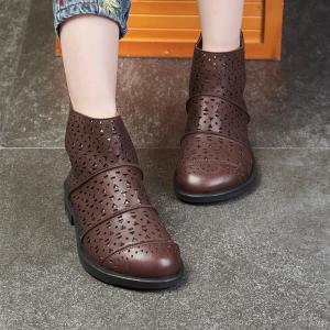 Vintage Style Hollow Out Folk Boots Cowhide Leather Womans Boots