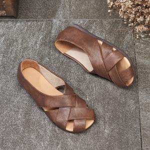 Summer Style Knitting Flats Round Toe Genuine Leather Mom Shoes