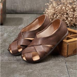 Summer Style Knitting Flats Round Toe Genuine Leather Mom Shoes