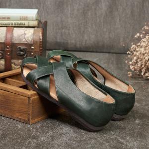 Summer Style Knitting Flats Round Toe Genuine Leather Mom Shoes