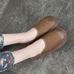 Handmade Cowhide Leather Comfy Flats Soft Rubble Ladies Shoes