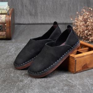 Handmade Cowhide Leather Comfy Flats Soft Rubble Ladies Shoes