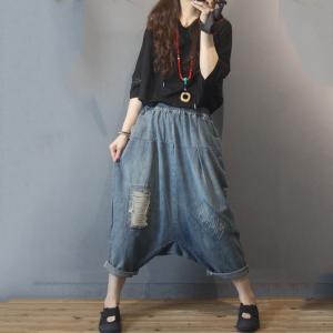 Relax-Fir Ripped Harem Pants Womans Patchwork Jeans