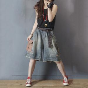Grunge Fashion Colorful Pockets Denim Shorts Womans Wide Leg Shorts