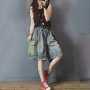 Grunge Fashion Colorful Pockets Denim Shorts Womans Wide Leg Shorts