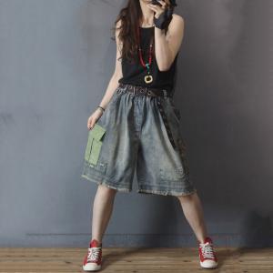 Grunge Fashion Colorful Pockets Denim Shorts Womans Wide Leg Shorts