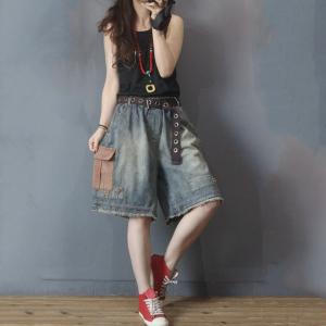 Grunge Fashion Colorful Pockets Denim Shorts Womans Wide Leg Shorts