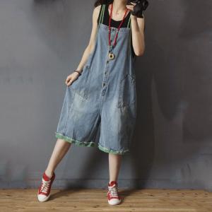 Button Down Overall Shorts Wide Leg Jean Dungarees