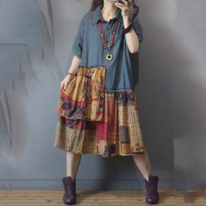 Cotton Linen Patchwork Shirt Dress Loose Short Sleeve Denim Dress