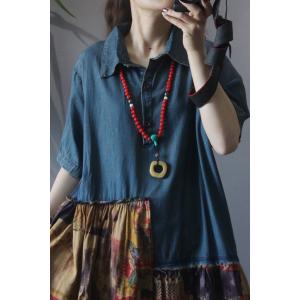 Cotton Linen Patchwork Shirt Dress Loose Short Sleeve Denim Dress