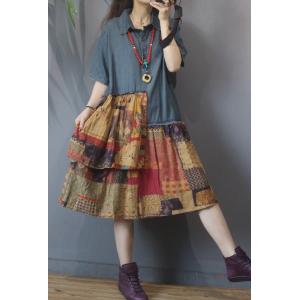 Cotton Linen Patchwork Shirt Dress Loose Short Sleeve Denim Dress