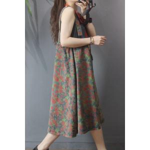 Vintage Flowers Prints Denim Dress Reversible Drawstring Overall Dress