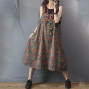 Vintage Flowers Prints Denim Dress Reversible Drawstring Overall Dress