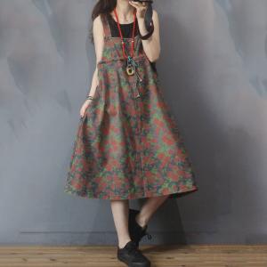 Vintage Flowers Prints Denim Dress Reversible Drawstring Overall Dress