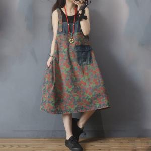 Vintage Flowers Prints Denim Dress Reversible Drawstring Overall Dress