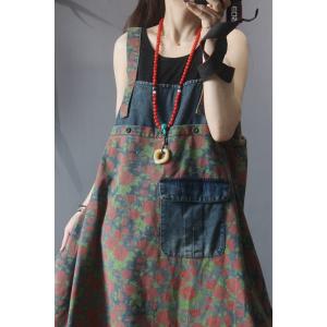 Vintage Flowers Prints Denim Dress Reversible Drawstring Overall Dress